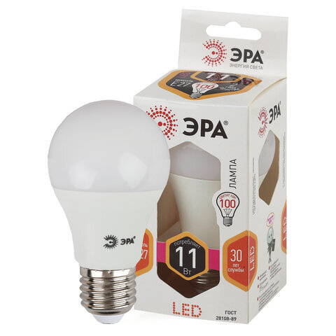 Лампа светодиодная ЭРА 11 100 Вт цоколь E27 груша теплый белый свет 25000 ч. LED smdA60-10w-827-E27 Б0020532