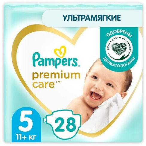 Pampers подгузники Premium Care 5, 11+ кг, 28 шт., белый