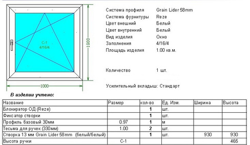 Окно ПВХ Grain Lider 58мм. 1000х1000 мм (одностворчатое)