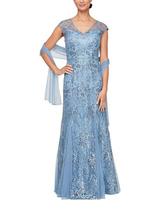 Платье Alex Evenings Long Embroidered Fit and Flare Gown, синий