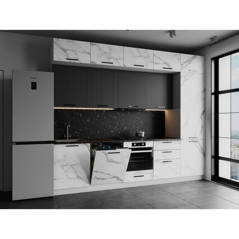 Кухонный гарнитур трехуровневый в потолок кристен, фасады белый мрамор/графит софт No brand