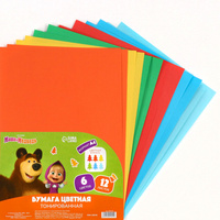 Бумага цветная тонированная, а4, 12 листов, 6 цветов, немелованная, двусторонняя, в пакете, 80 г/м², маша и медведь Маша