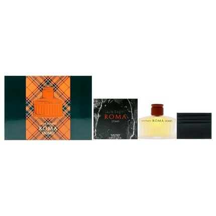 Laura Biagiotti Roma Uomo Gift Set EDT Spray and Card Holder Cologne for Men Woody Citrus Fragrance Long-Lasting Scent