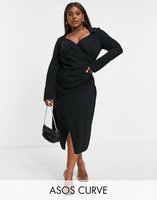 Черное платье миди с запахом и драпировкой в ​​стиле 70-х ASOS DESIGN Curve