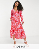 Розово-красное платье миди с высоким вырезом и цветочным принтом ASOS DESIGN Tall