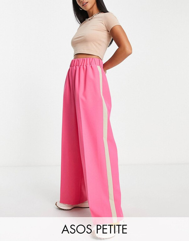 Розовые брюки с полосками по бокам и эластичной резинкой на талии ASOS DESIGN Petite