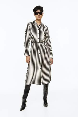 Платье-рубашка с поясом на завязках H&M, светло-бежевый/полосатый