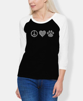 Женская футболка реглан peace love cats word art LA Pop Art, черно-белый