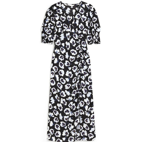 Платье H&M Floral Puff-sleeved Creped, черный/мультиколор