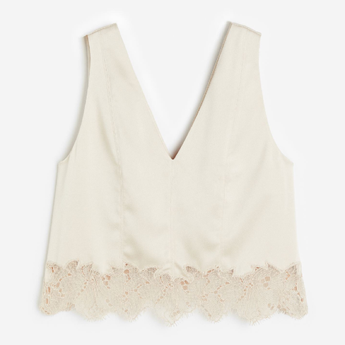 Топ H&M Lace-trimmed Satin, светло-бежевый