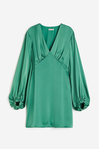 Платье H&M Balloon-sleeved Satin, зеленый