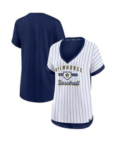 Женская бело-темно-синяя футболка с v-образным вырезом в тонкую полоску Milwaukee Brewers Iconic Noise Factor Fanatics