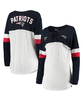 Женская белая, темно-синяя футболка New England Patriots Athletic Varsity на шнуровке с v-образным вырезом и длинными ру