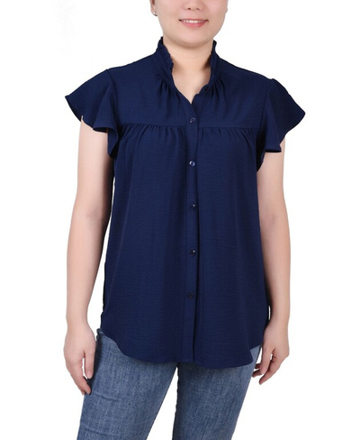 Блуза Petite с развевающимися рукавами и рюшами на воротнике NY Collection, темно-синий