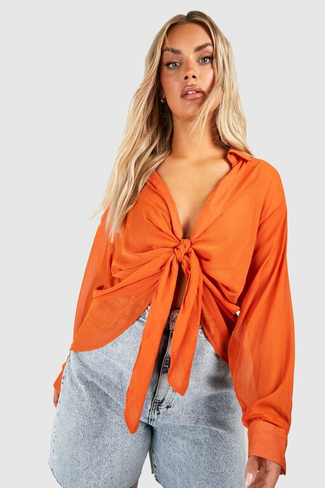 Блузка рубашка с деталями из шифона и завязками Boohoo, оранжевый