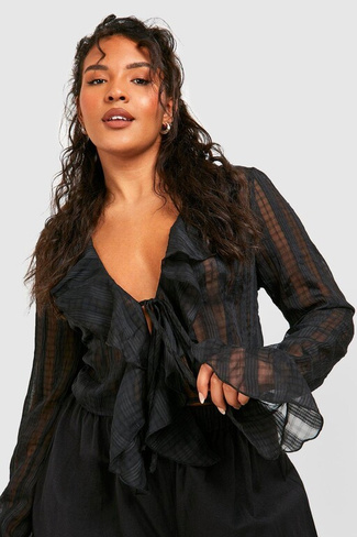 Укороченная блузка с текстурными рюшами и завязками Boohoo, черный
