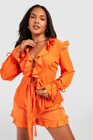 Блузка с рюшами и завязкой передней части Boohoo, оранжевый