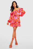 Мини-платье с открытыми плечами и цветочным платьем с рюшами Boohoo, оранжевый