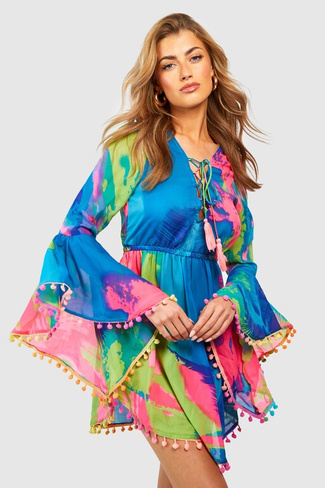 Неоновое тропическое пляжное платье с помпом Boohoo, разноцветный