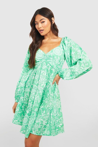Мини-платье с длинными рукавами и цветочным рукавом Boohoo, зеленый
