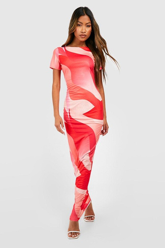 Платье макси с абстрактным рукавом Boohoo, розовый