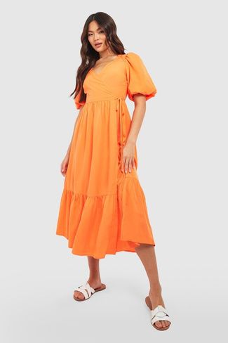 Платье миди с рукавами и запахом Boohoo, оранжевый