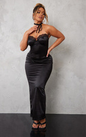 PrettyLittleThing Черное атласное платье макси с кружевной отделкой и завязками на спине
