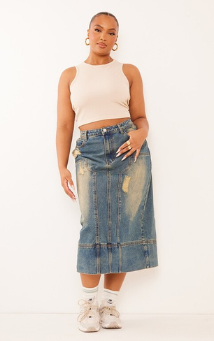 PrettyLittleThing Джинсовая юбка-миди с эффектом потертости Plus Vintage Wash