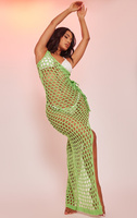 PrettyLittleThing Миниатюрное ярко-зеленое платье макси открытой вязки с завязками по бокам и разрезом