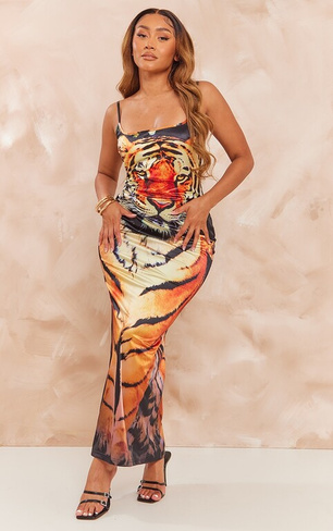 PrettyLittleThing Оранжевое атласное платье макси с бретелями и тигровым принтом
