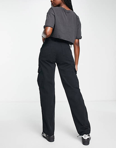 Черные прямые брюки карго с завышенной талией Pull&Bear