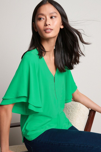Блузка с V-образным вырезом молнией и короткими расклешенными рукавами Next, зеленый