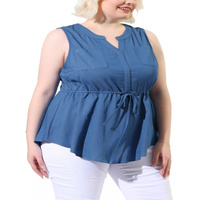 Женские рубашки больших размеров, джинсовые топы из шамбре без рукавов с V-образным вырезом и завязками на талии Agnes O