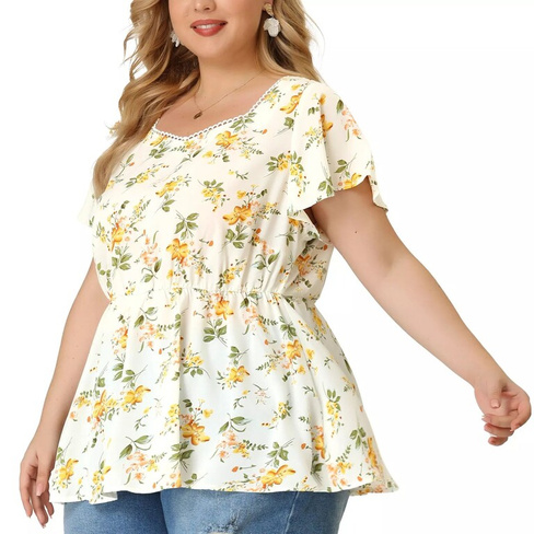 Женская блузка с цветочным принтом больших размеров, топ с баской и расклешенными рукавами, вырезом сердца и эластичной
