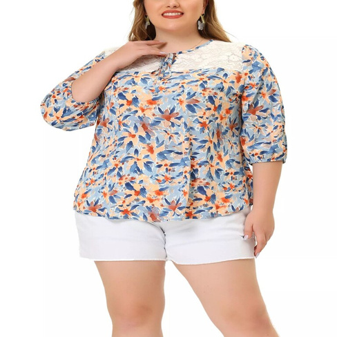 Женская блузка размера плюс с цветочным кружевом и завязками на шее, с рукавами 3/4, летние топы Agnes Orinda