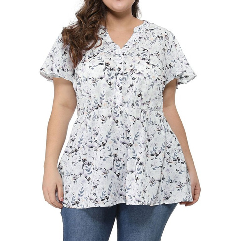 Женская блузка больших размеров с короткими рукавами и присборенной талией, V-образным вырезом и цветочным принтом Agnes
