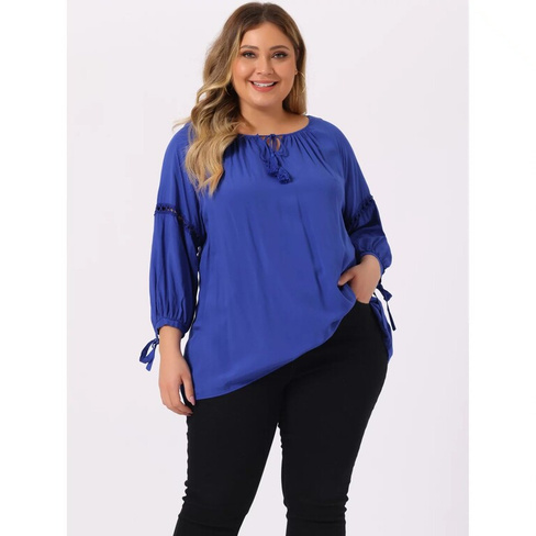 Женская осенняя модная блузка больших размеров с длинными рукавами и завязками на шее Agnes Orinda, темно-синий