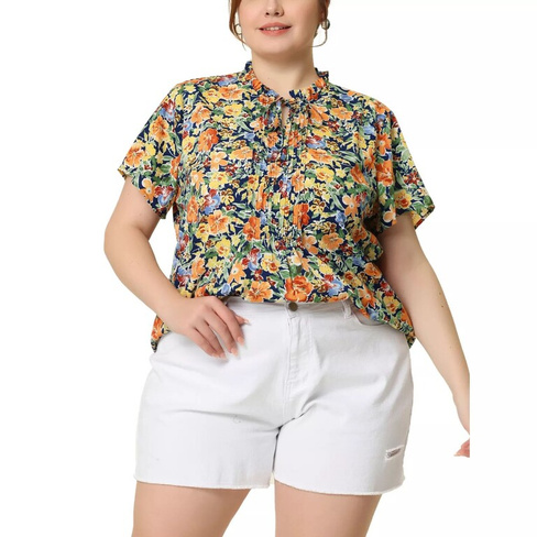 Женская весенняя блузка больших размеров с цветочным принтом и завязками на шее, с короткими рукавами Agnes Orinda