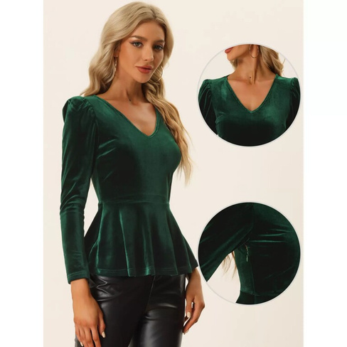 Бархатная блузка для женщин, элегантный топ с баской и длинными рукавами и V-образным вырезом ALLEGRA K