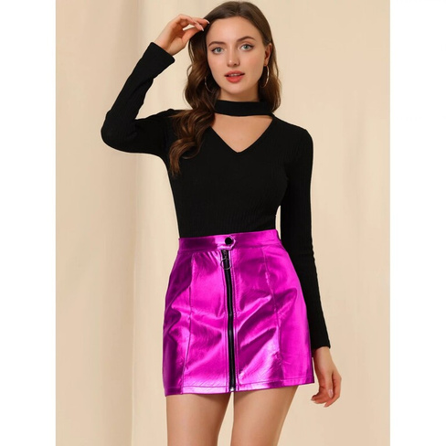 Женская голографическая мини-короткая юбка с металлической молнией спереди и высокой талией ALLEGRA K, розовый