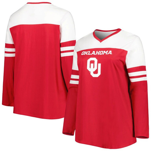 Женская малиновая футболка с v-образным вырезом и длинным рукавом в полоску Oklahoma Earlys Plus размера