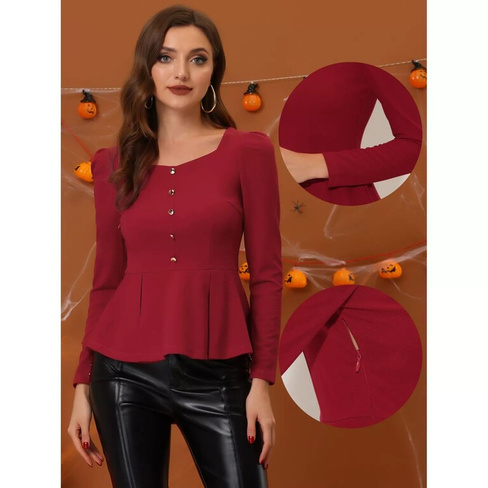 Топ с баской и квадратным вырезом для женщин, вязаная клубная блузка с длинными рукавами на Хэллоуин ALLEGRA K, красный