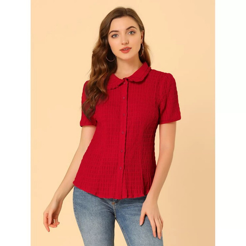 Женская винтажная мягкая рубашка с милым кукольным воротником на пуговицах ALLEGRA K, красный