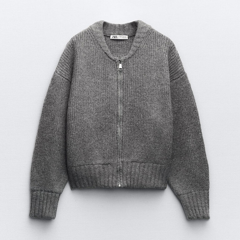 Бомбер Zara Knit Jacket With Zip, серый