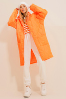 Женское оранжевое длинное пуховик с двойным карманом спереди и двойной молнией с капюшоном Trend Alaçatı Stili, оранжевы
