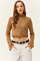 Женский укороченный свитер из верблюжьего сердца с жемчугом и испанскими рукавами, мягкий текстурированный трикотаж Olal