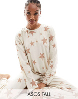 ASOS DESIGN Tall Кремовый пижамный комплект из вискозного топа с длинными рукавами и брюками со звездами