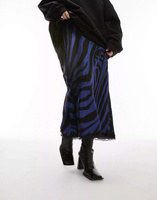 Темно-синяя атласная юбка миди с зебровым принтом Topshop и черной кружевной отделкой