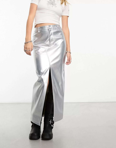 Серебристая металлическая юбка макси из искусственной кожи с разрезом спереди ASOS
