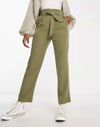 Прямые брюки цвета хаки с завязкой на талии New Look